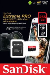Karta pamięci SanDisk microSDXC Extreme Pro 256GB (170MB/s) V30 UHS-I U3 A2 + adapter SD (SDSQXCZ-256G-GN6MA)