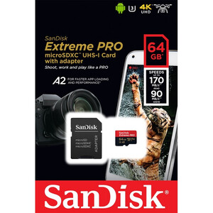 Karta pamięci Sandisk microSDXC 64GB Extreme Pro R170MB/s / W90MB/s A2 U3 UHS-I + adapter SD (SDSQXCY-064G-GN6MA)